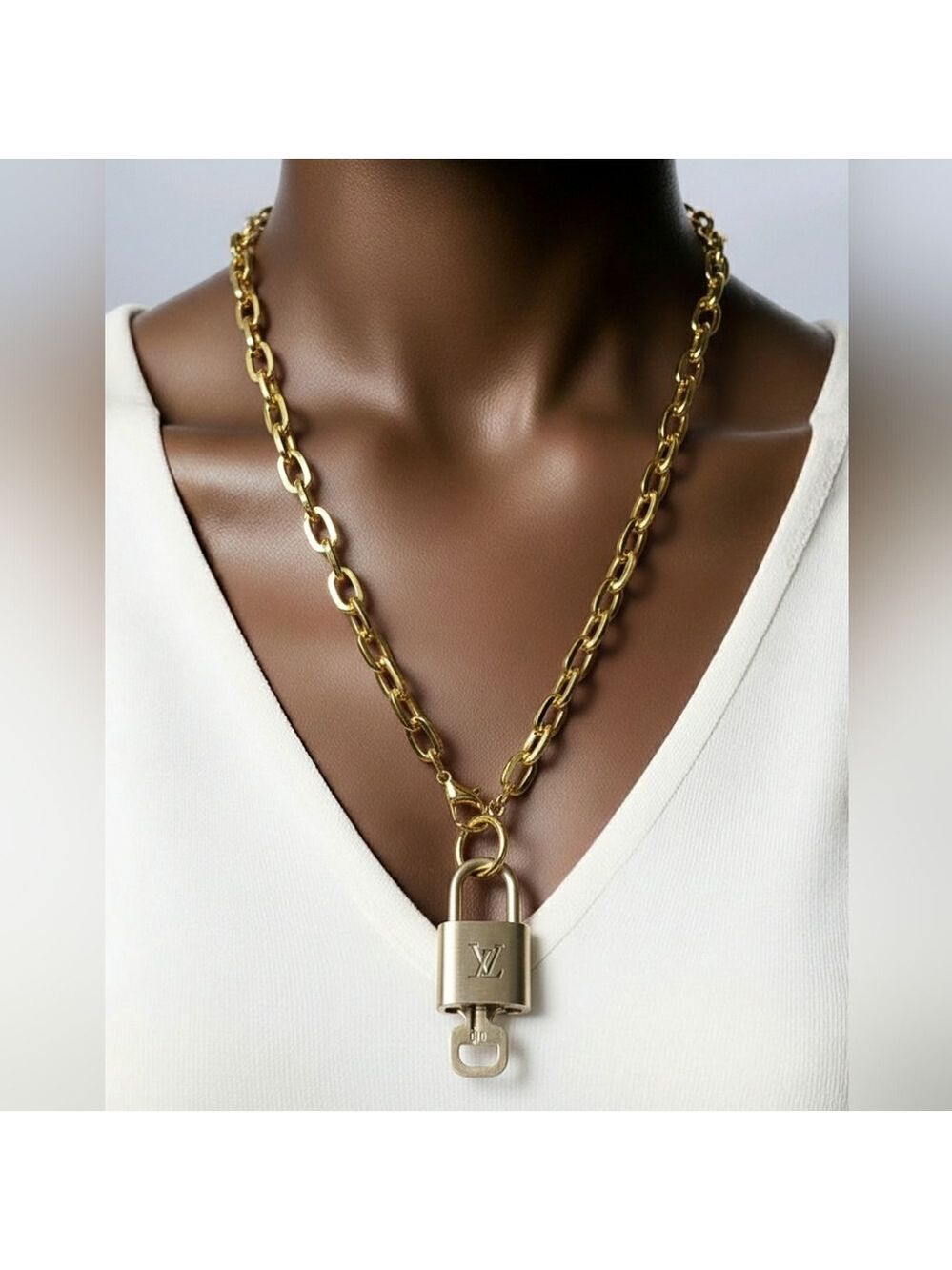 Authentic Louis Vuitton Gold Padlock with Unbranded Stainless Gold Plated Chain